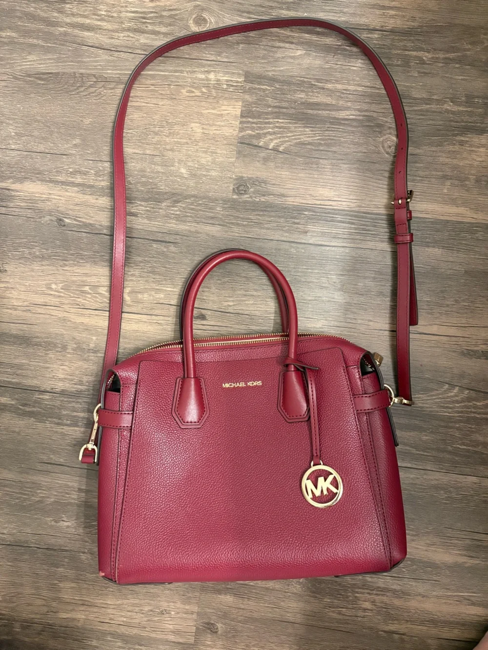 Michael Kors Wine Red Pebbled Leather Satchel with Gold Hardware